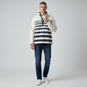 L.L. Bean Men’s Quilted 4 Snap Pullover Navy Stripe Size Large